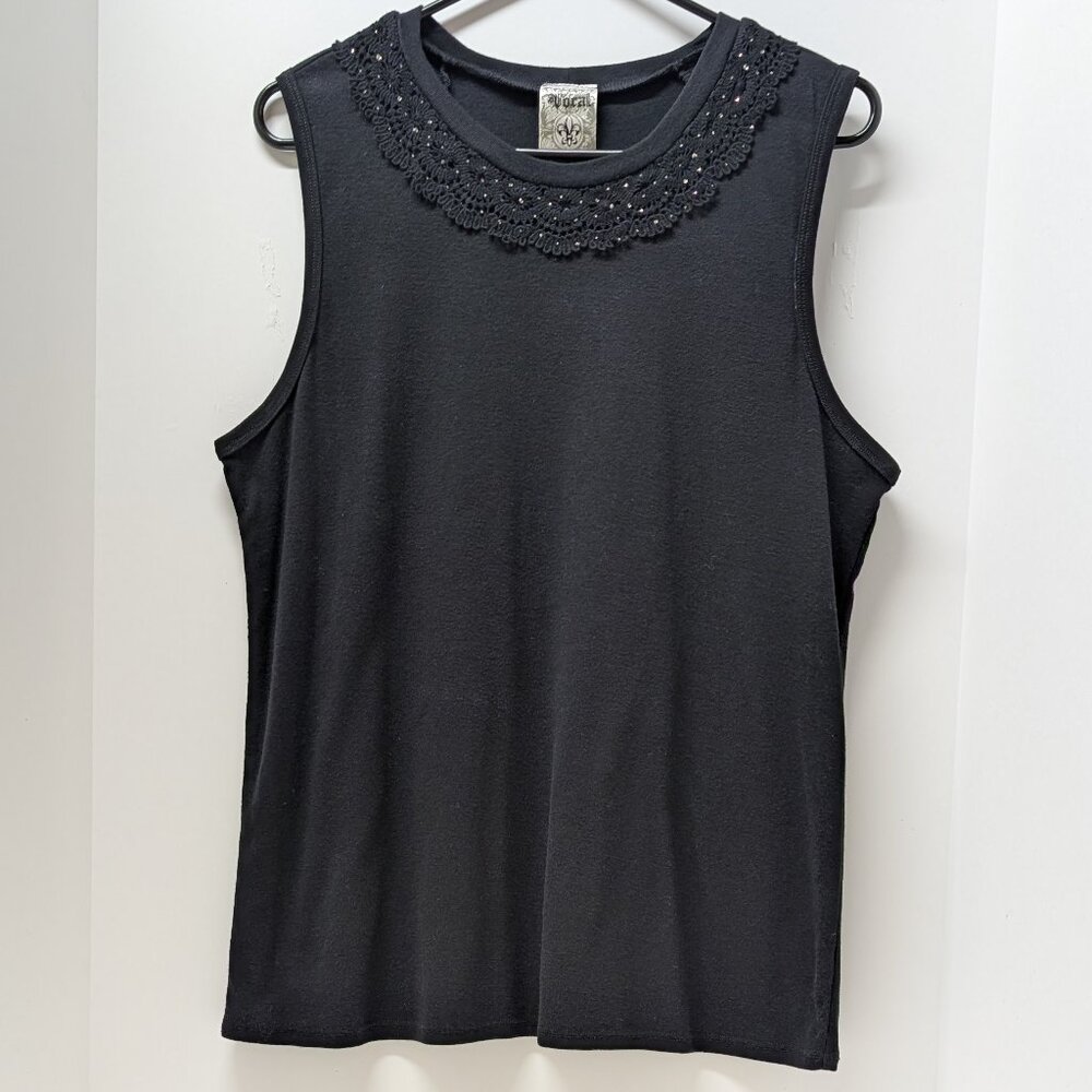 Vocal Knit Tank Top w/ Rhinestone Embellished Neckline in Black